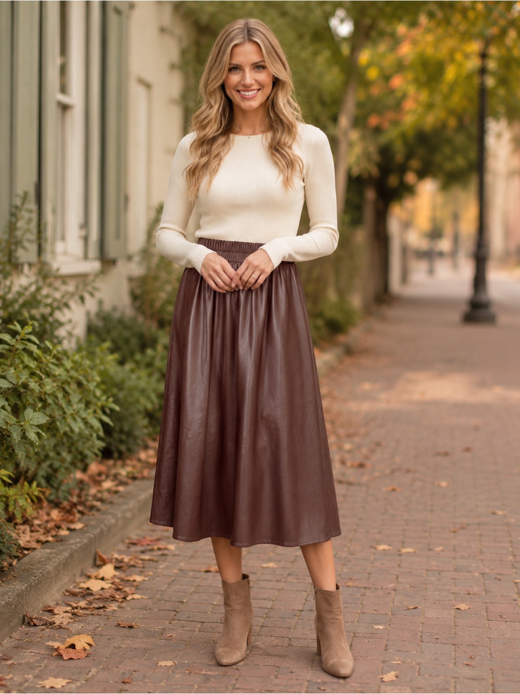 A New Day Brown Faux Leather Midi Skirt Elastic Waist Xs Nwt